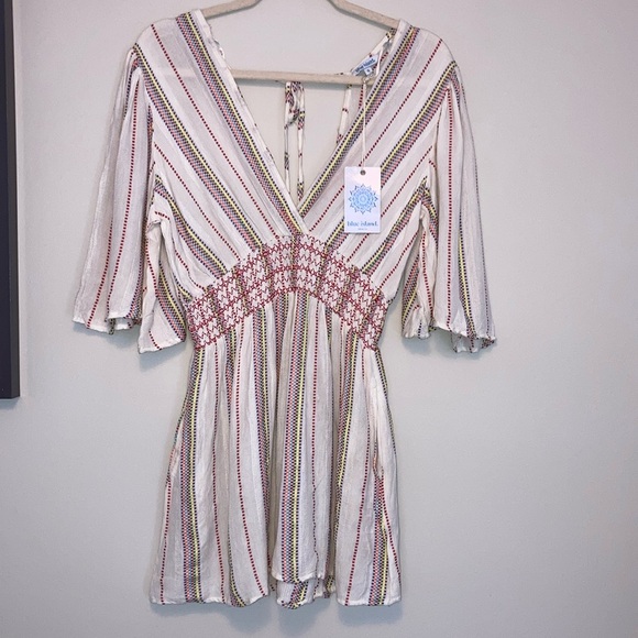 Blue Island Beach Cover Up Size: S Smocked Waist. Open Back with Tie - Picture 4 of 11